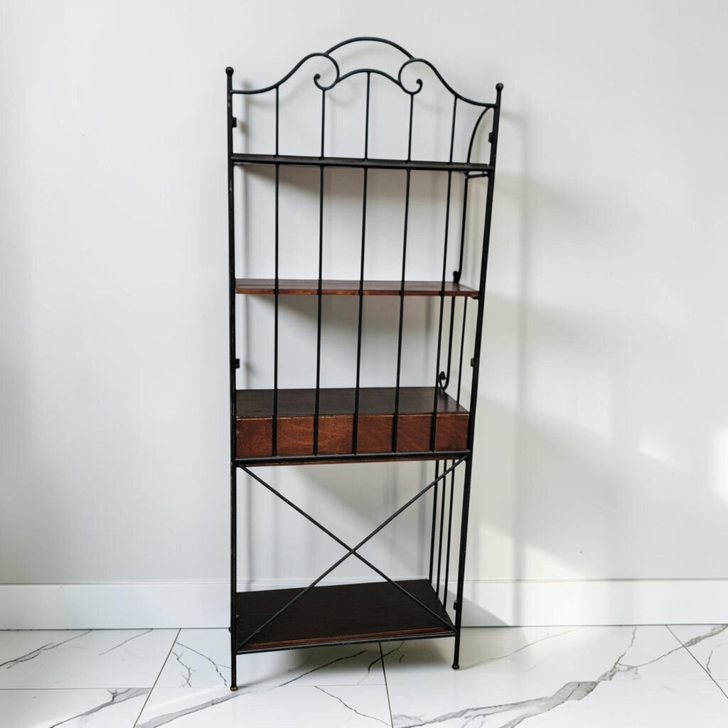8880 Wrought Iron and Wood Three- Drawer Baker's #Rack