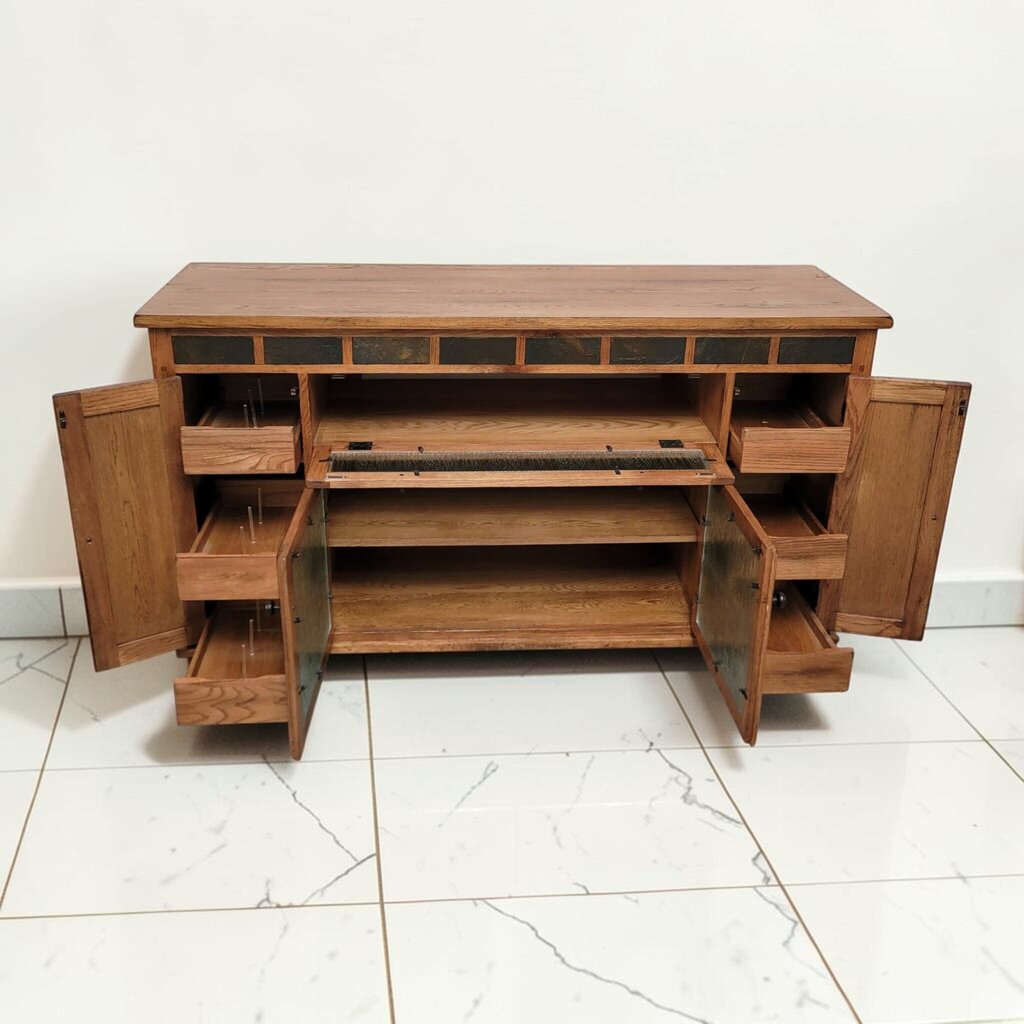 8884 Mission Revival Oak and Slate Inlay Media #Console