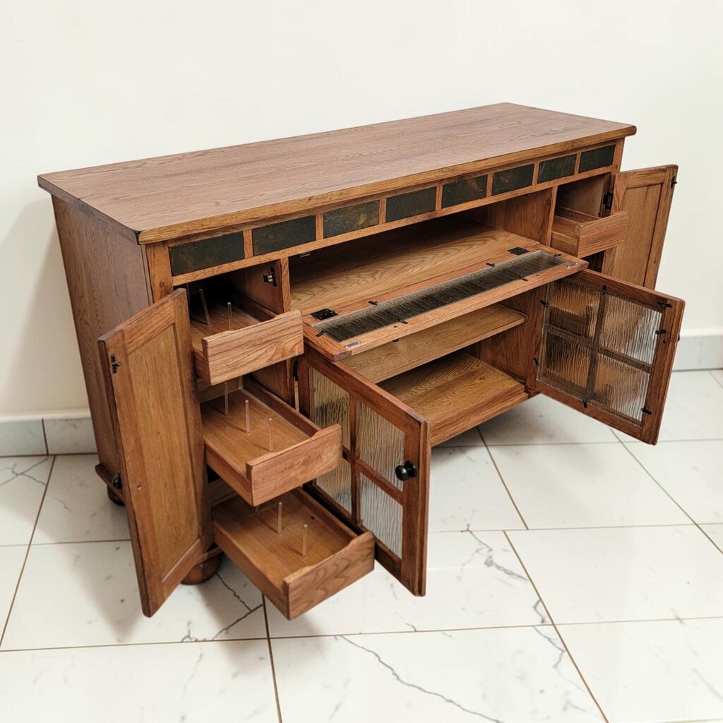 8884 Mission Revival Oak and Slate Inlay Media #Console