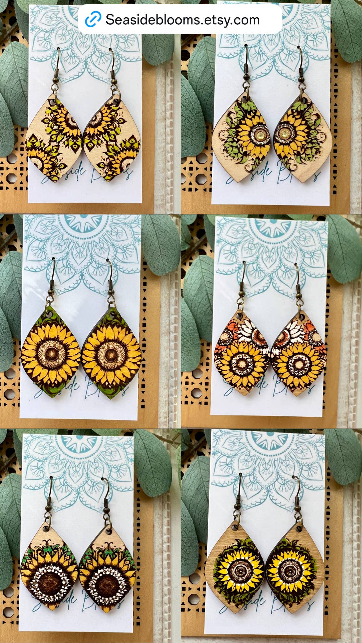 Boho sunflower hand painted light weight maple wood earrings