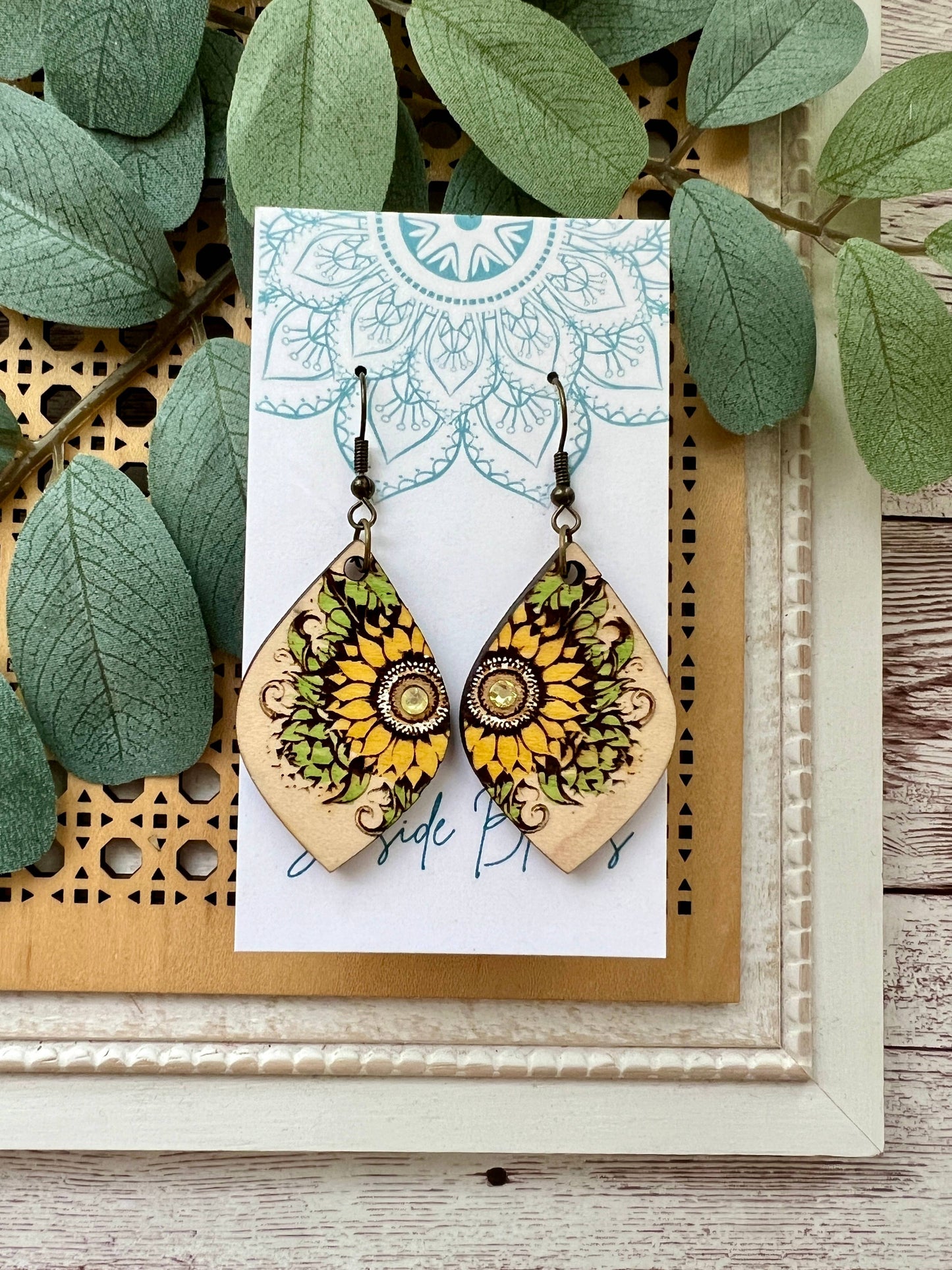 Boho sunflower hand painted light weight maple wood earrings