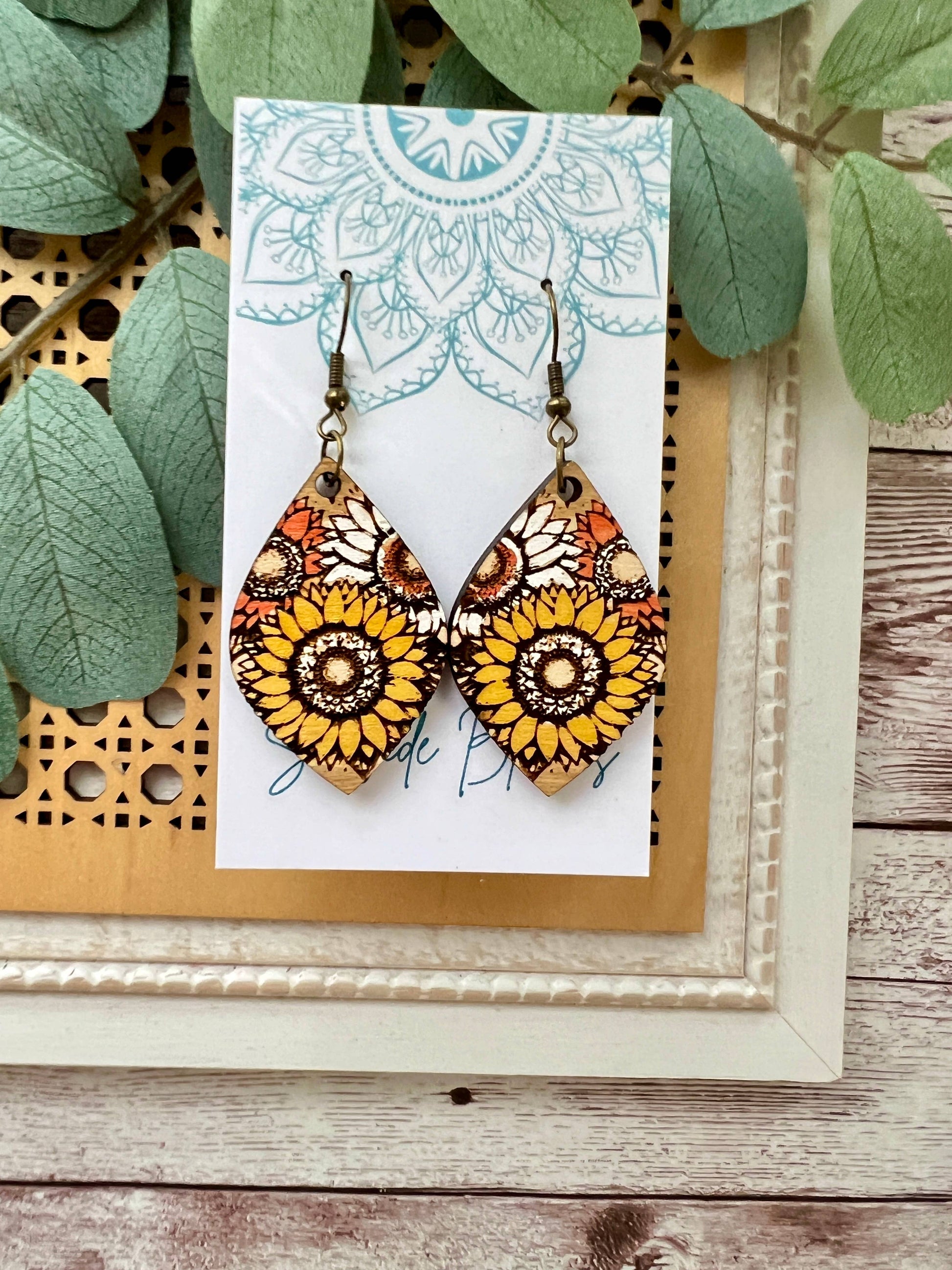 Boho sunflower hand painted light weight maple wood earrings