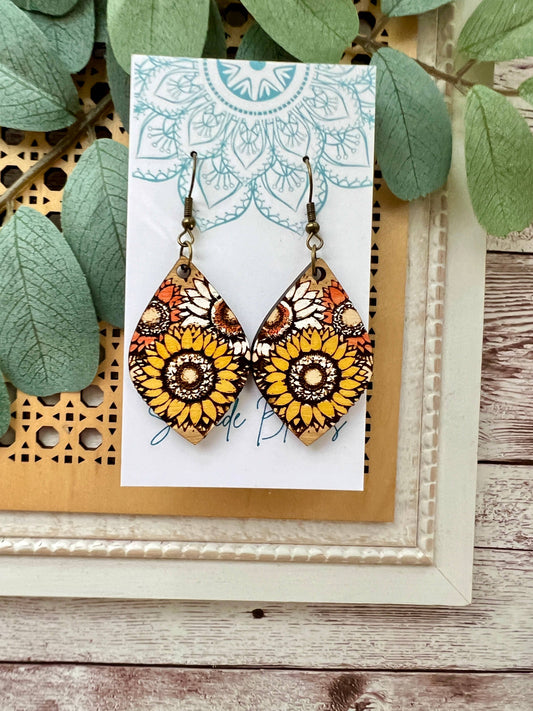 Boho sunflower hand painted light weight maple wood earrings