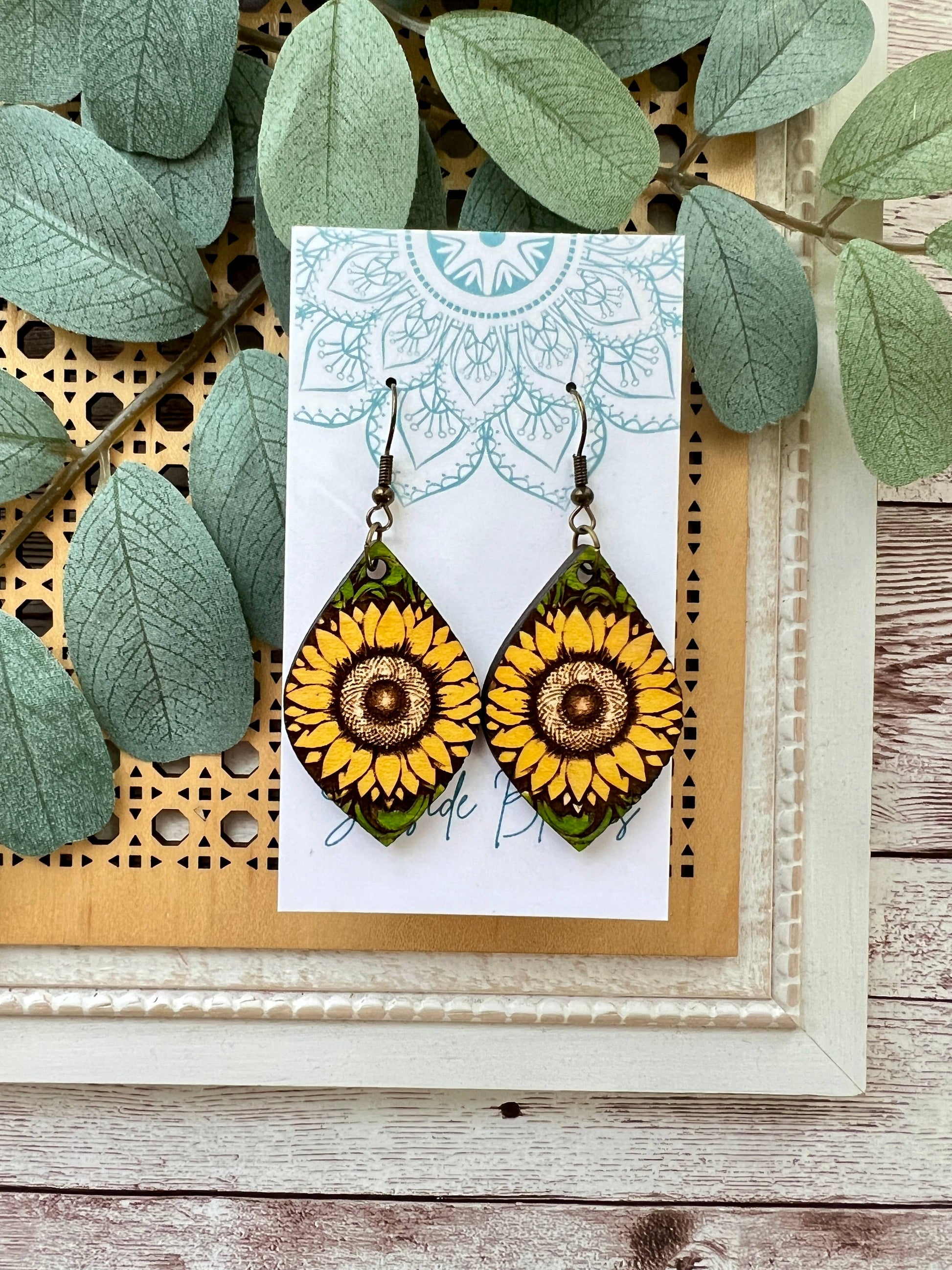 Boho sunflower hand painted light weight maple wood earrings