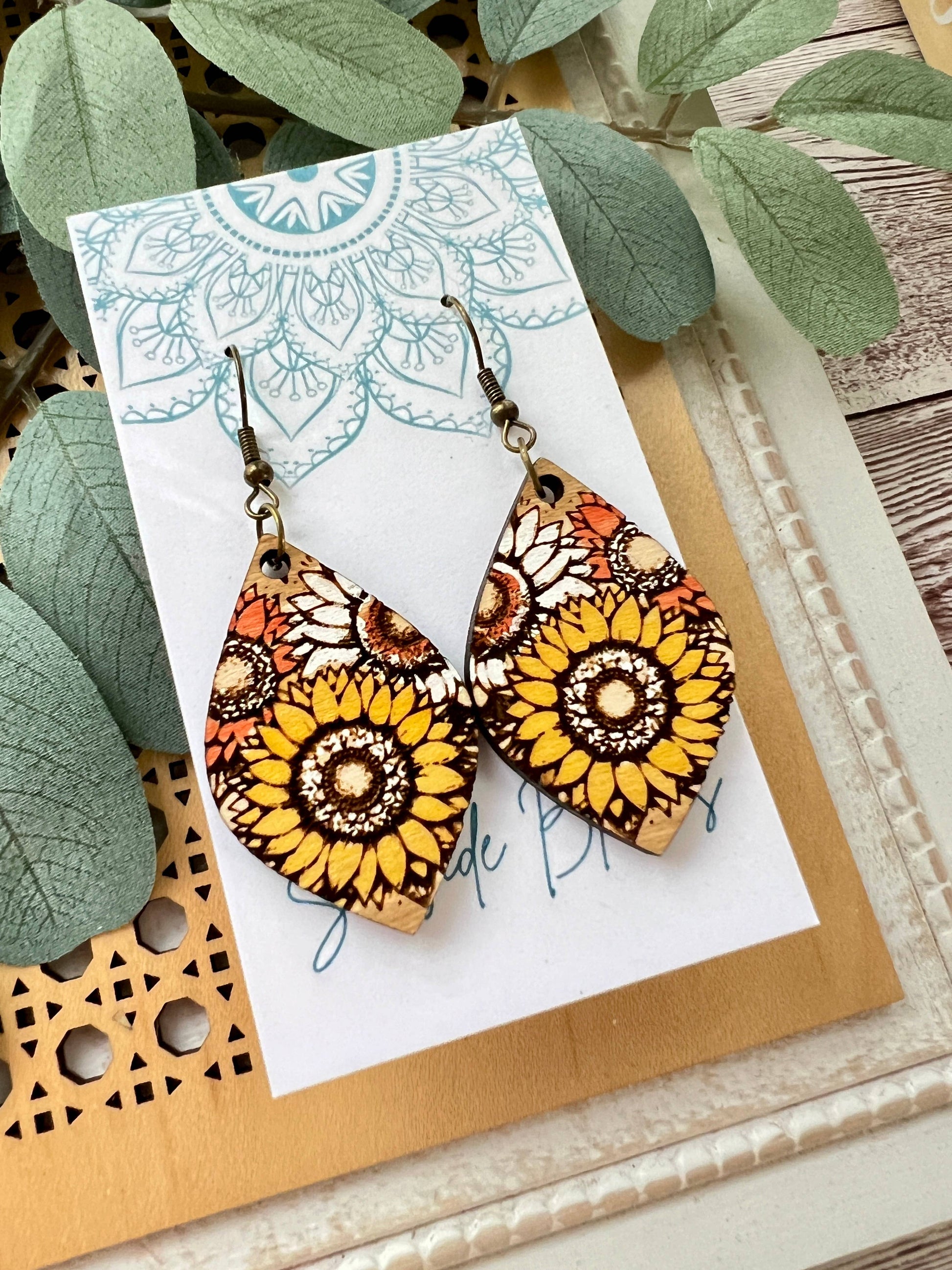 Boho sunflower hand painted light weight maple wood earrings