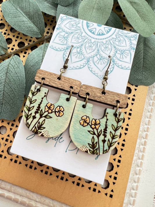 Boho hand painted lightweight flower maple wood earrings Jewelry
