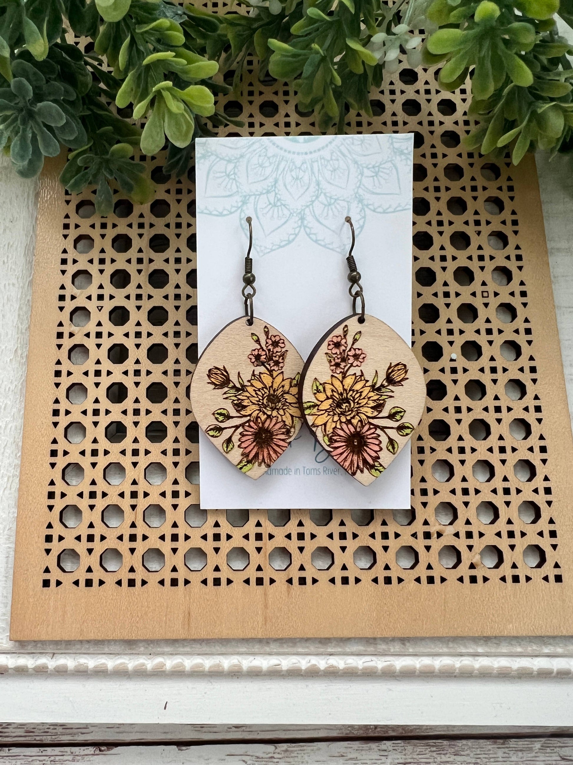 Floral bouquet hand painted lightweight wood earring