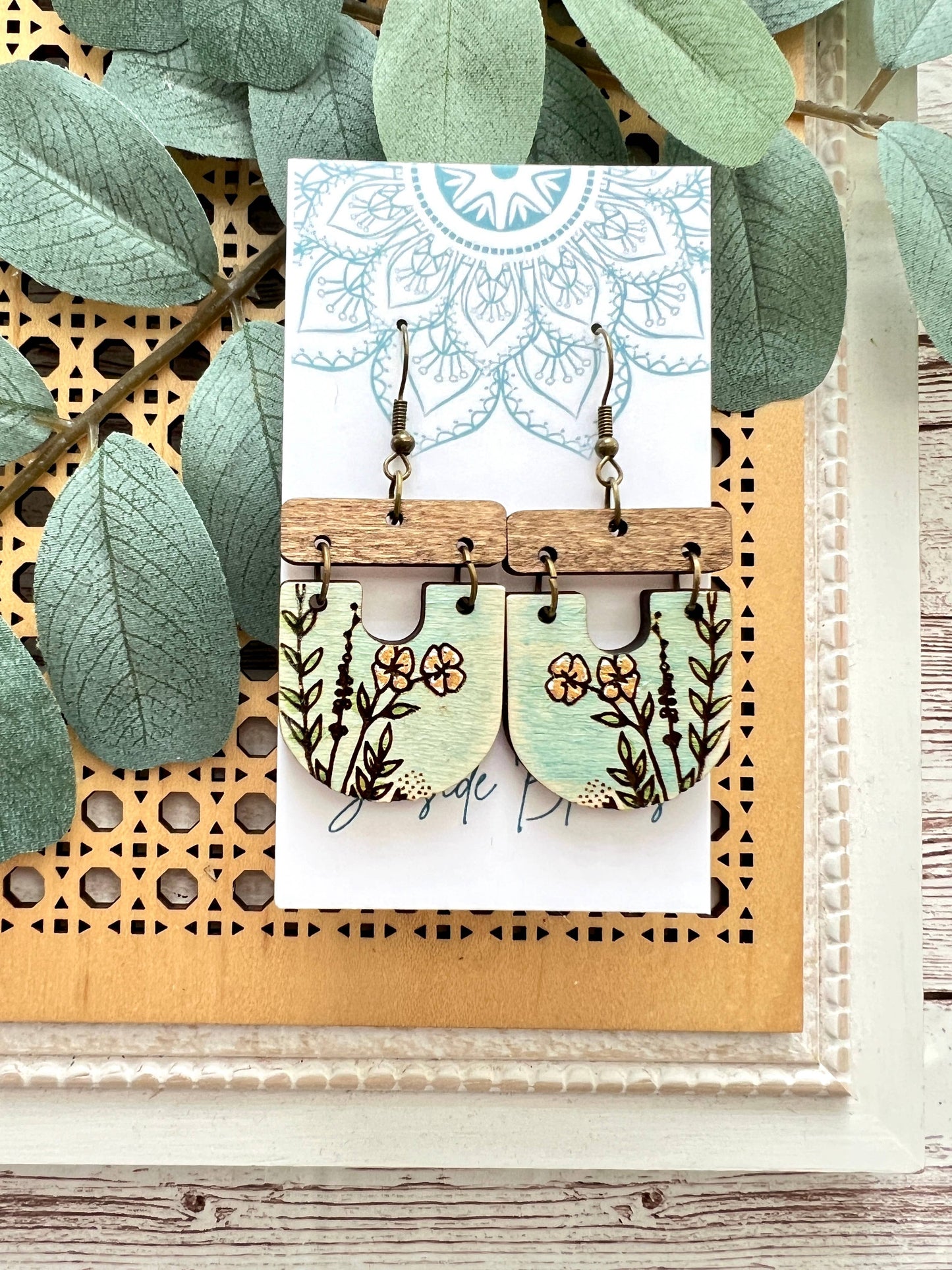 Boho hand painted lightweight flower maple wood earrings Jewelry