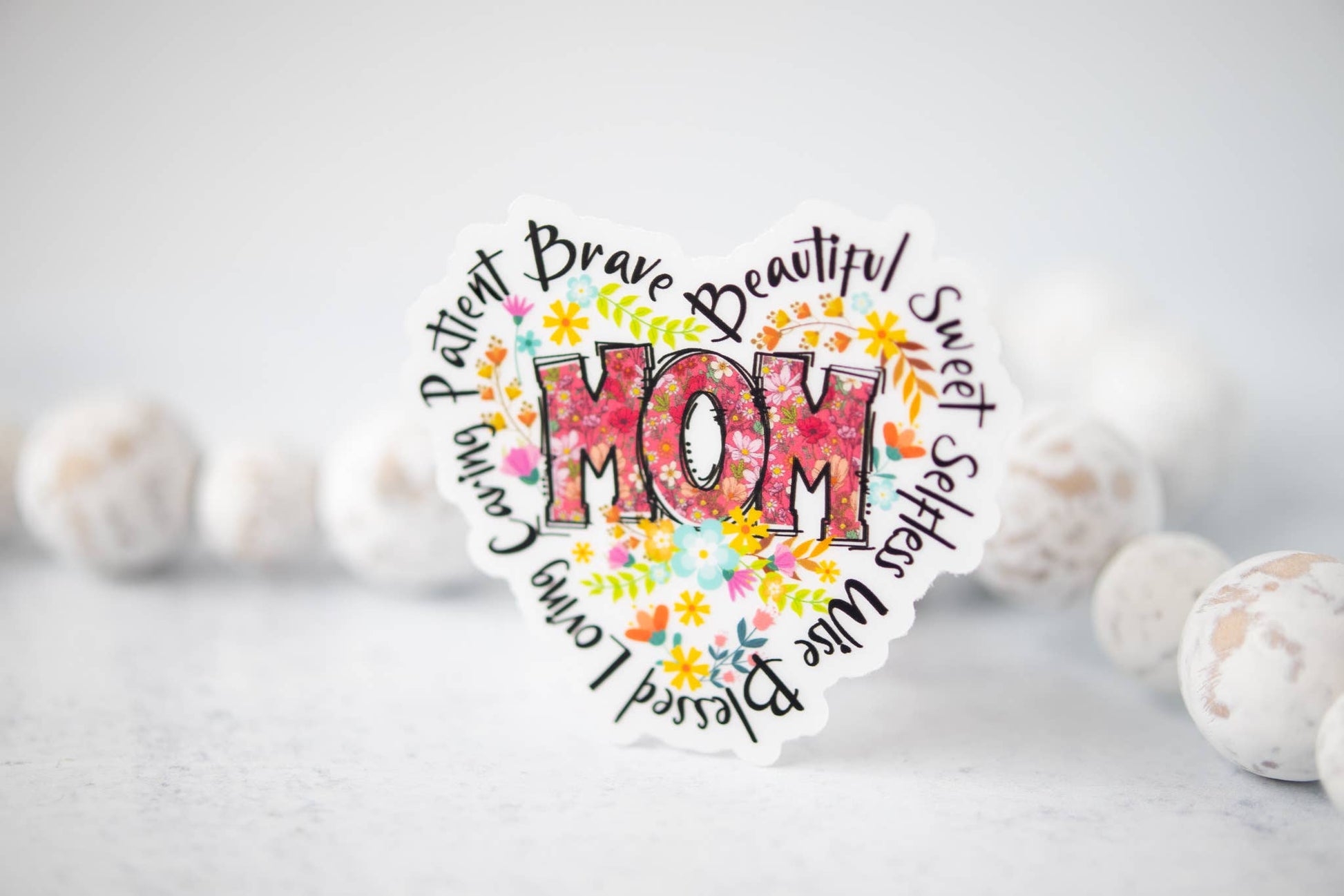 Mom Heart, Floral, Clear Vinyl Sticker, 3x3 in.