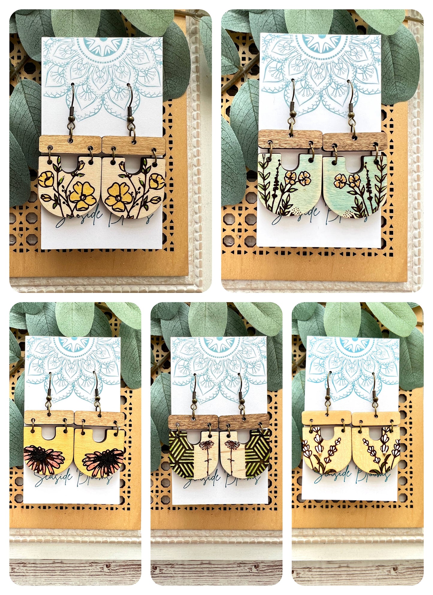 Boho hand painted lightweight flower maple wood earrings Jewelry