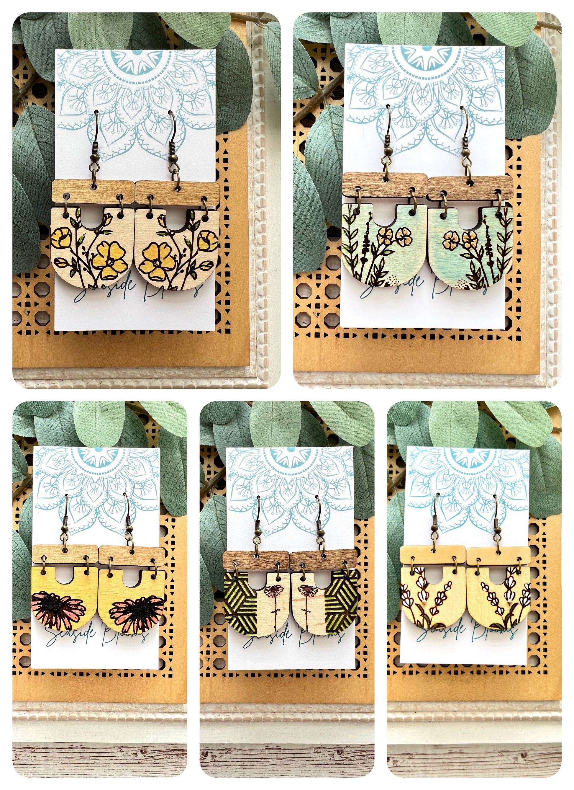 Boho hand painted lightweight flower maple wood earrings Jewelry