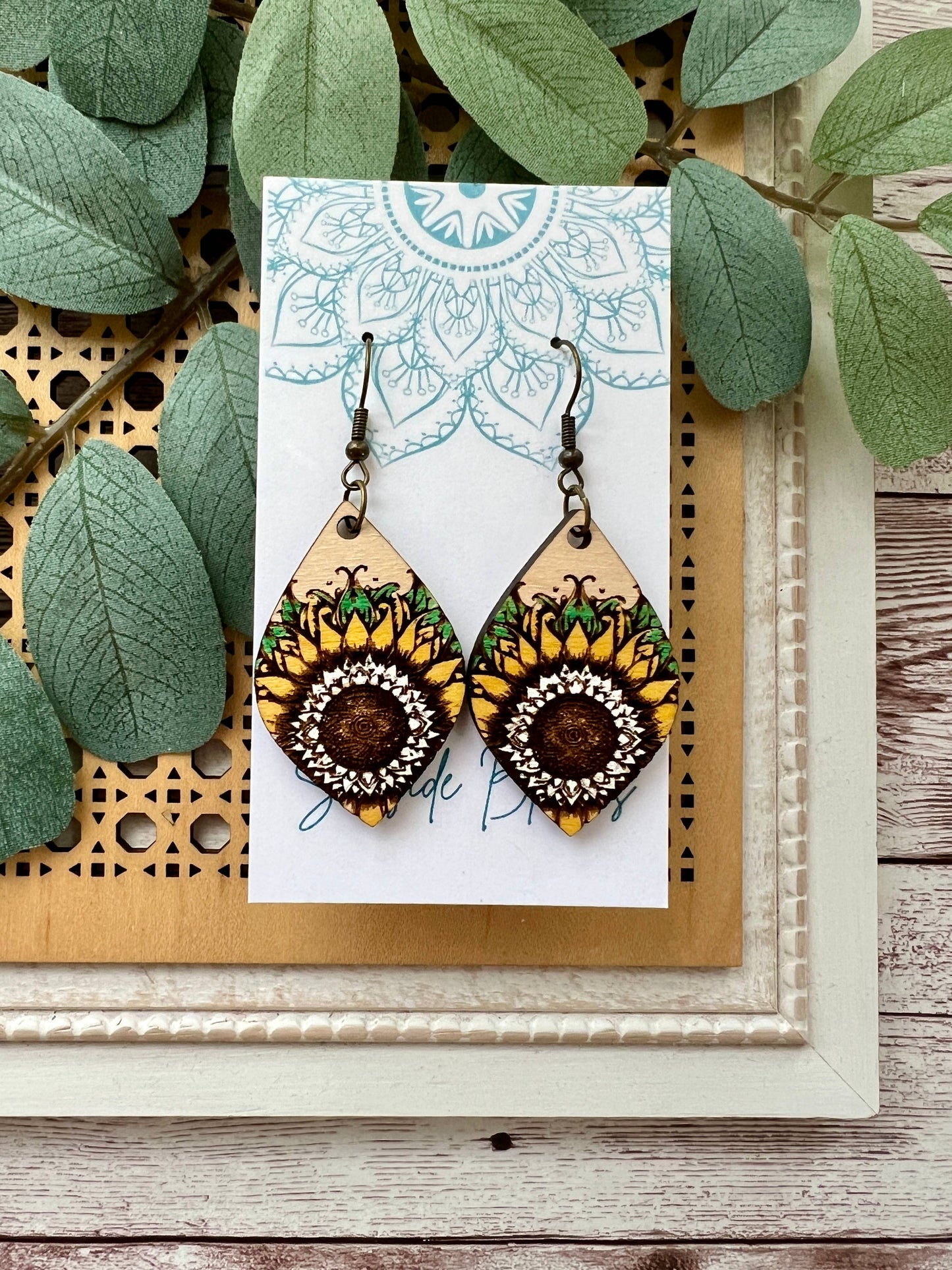 Boho sunflower hand painted light weight maple wood earrings