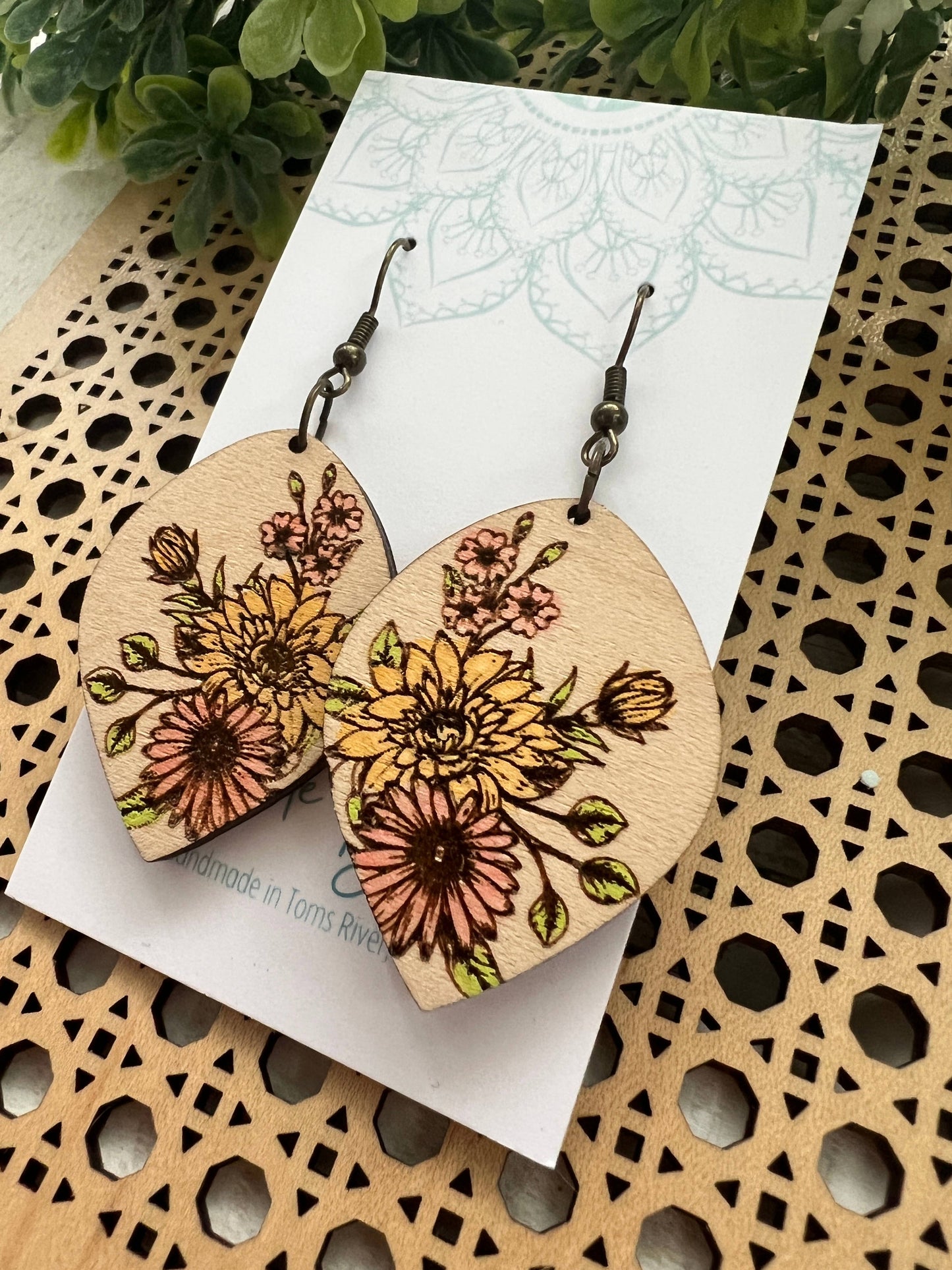Floral bouquet hand painted lightweight wood earring