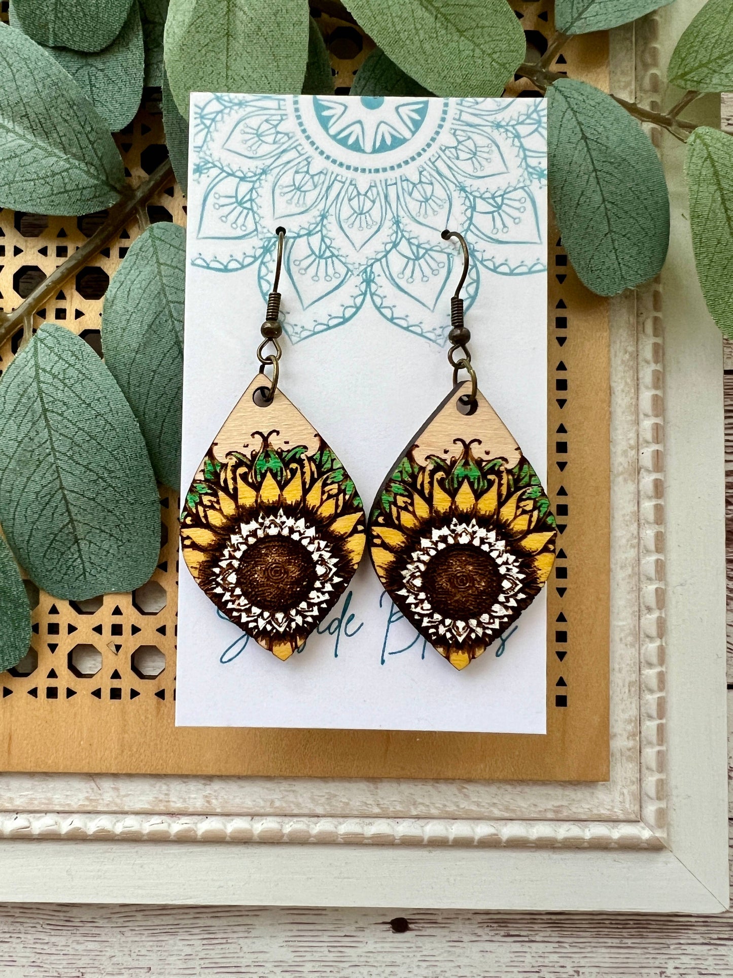 Boho sunflower hand painted light weight maple wood earrings