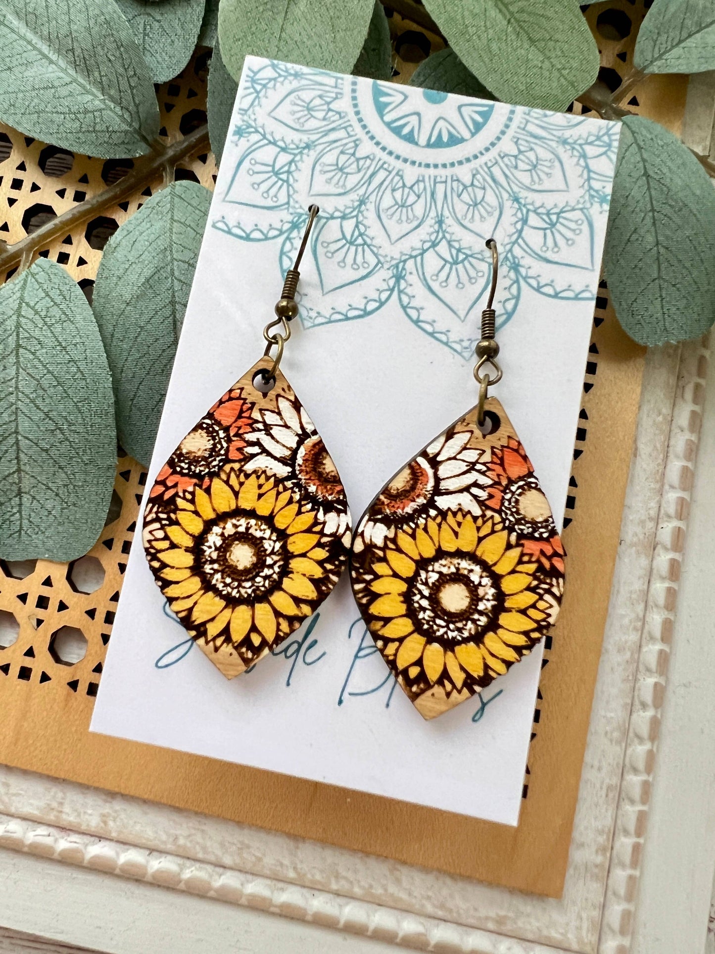 Boho sunflower hand painted light weight maple wood earrings