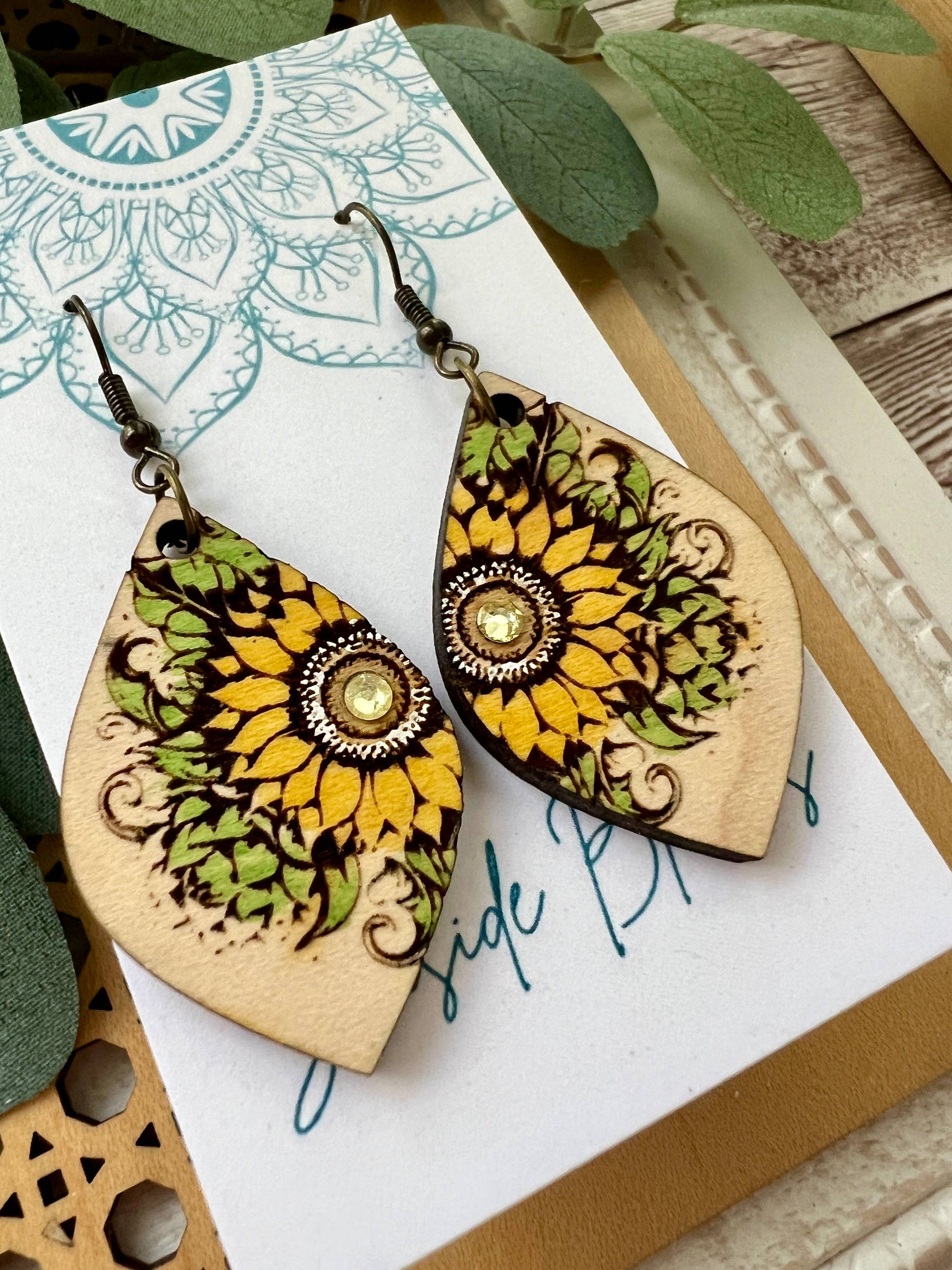 Boho sunflower hand painted light weight maple wood earrings