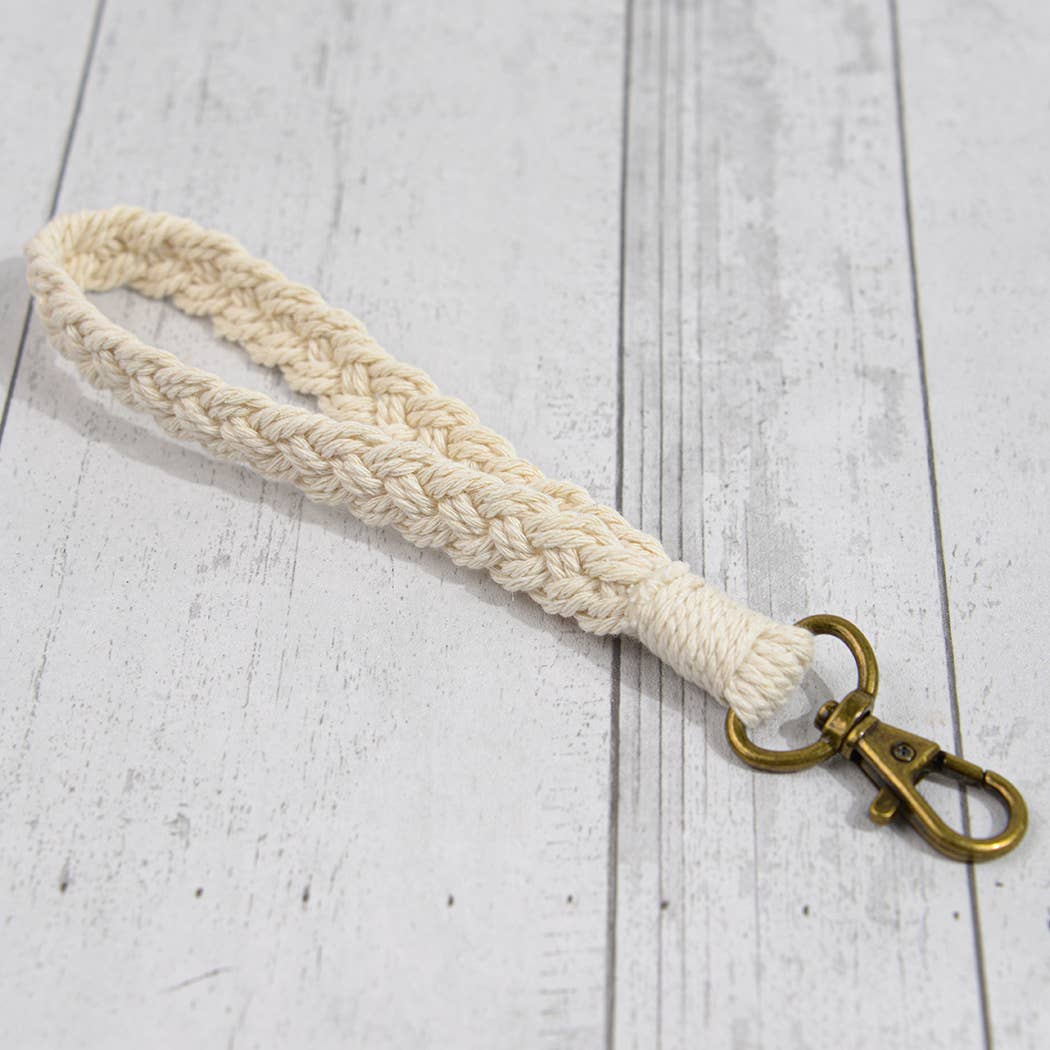 Boho Macrame Keychain, Braided Macrame Wristlet White