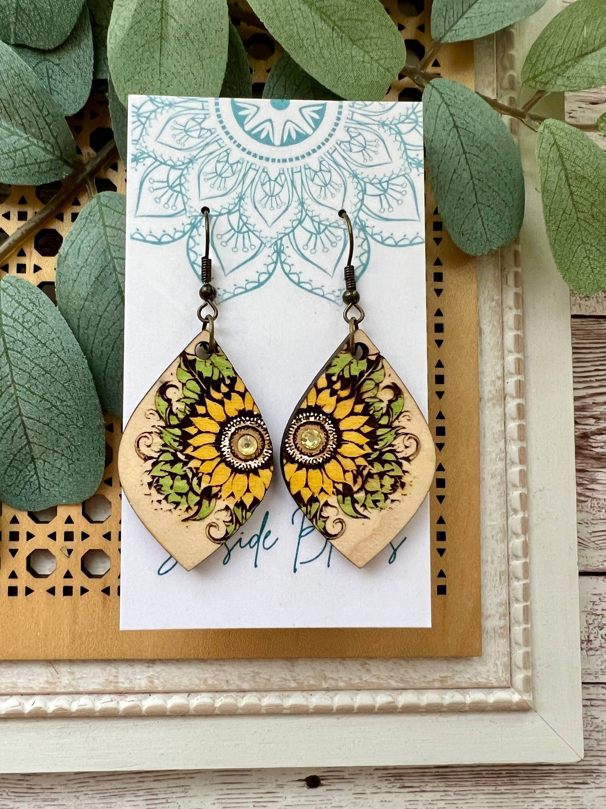 Boho sunflower hand painted light weight maple wood earrings