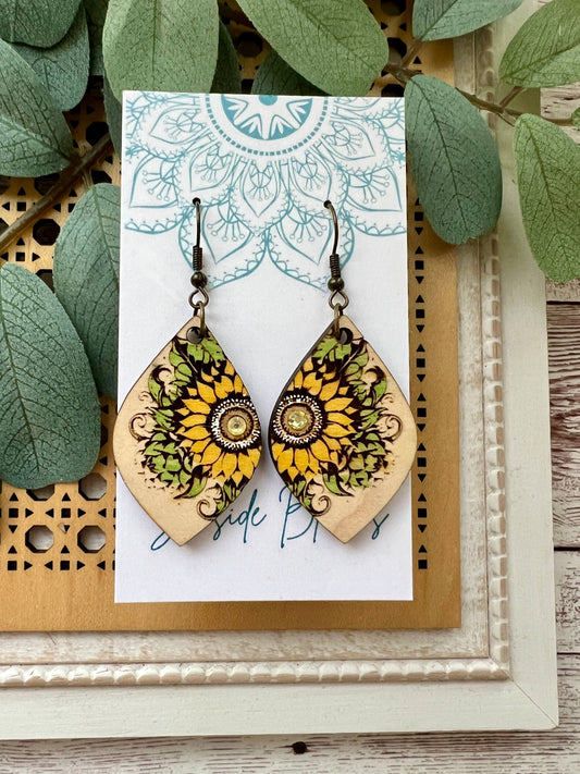 Boho sunflower hand painted light weight maple wood earrings