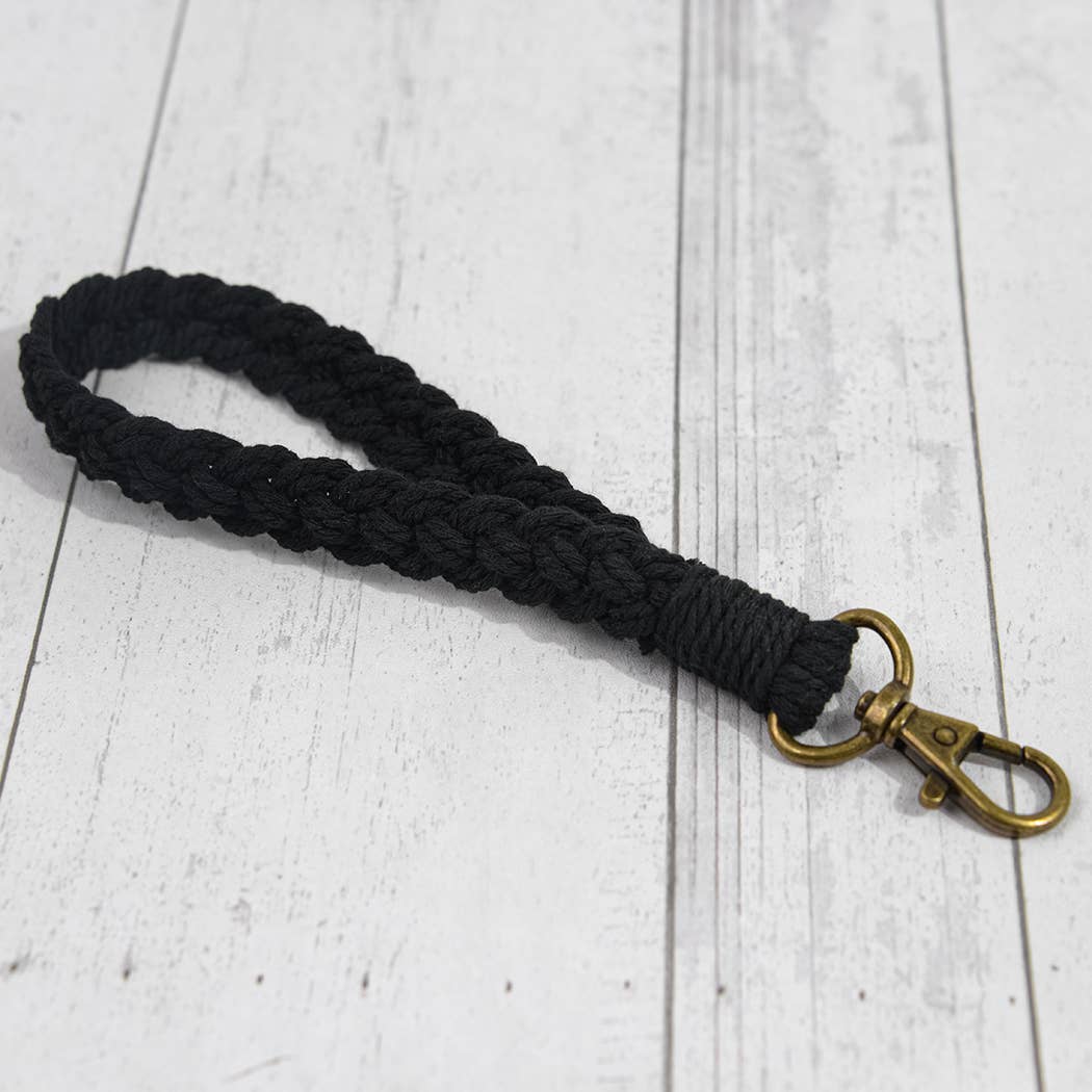 Boho Macrame Keychain, Braided Macrame Wristlet Black