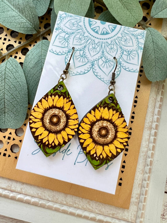 Boho sunflower hand painted light weight maple wood earrings