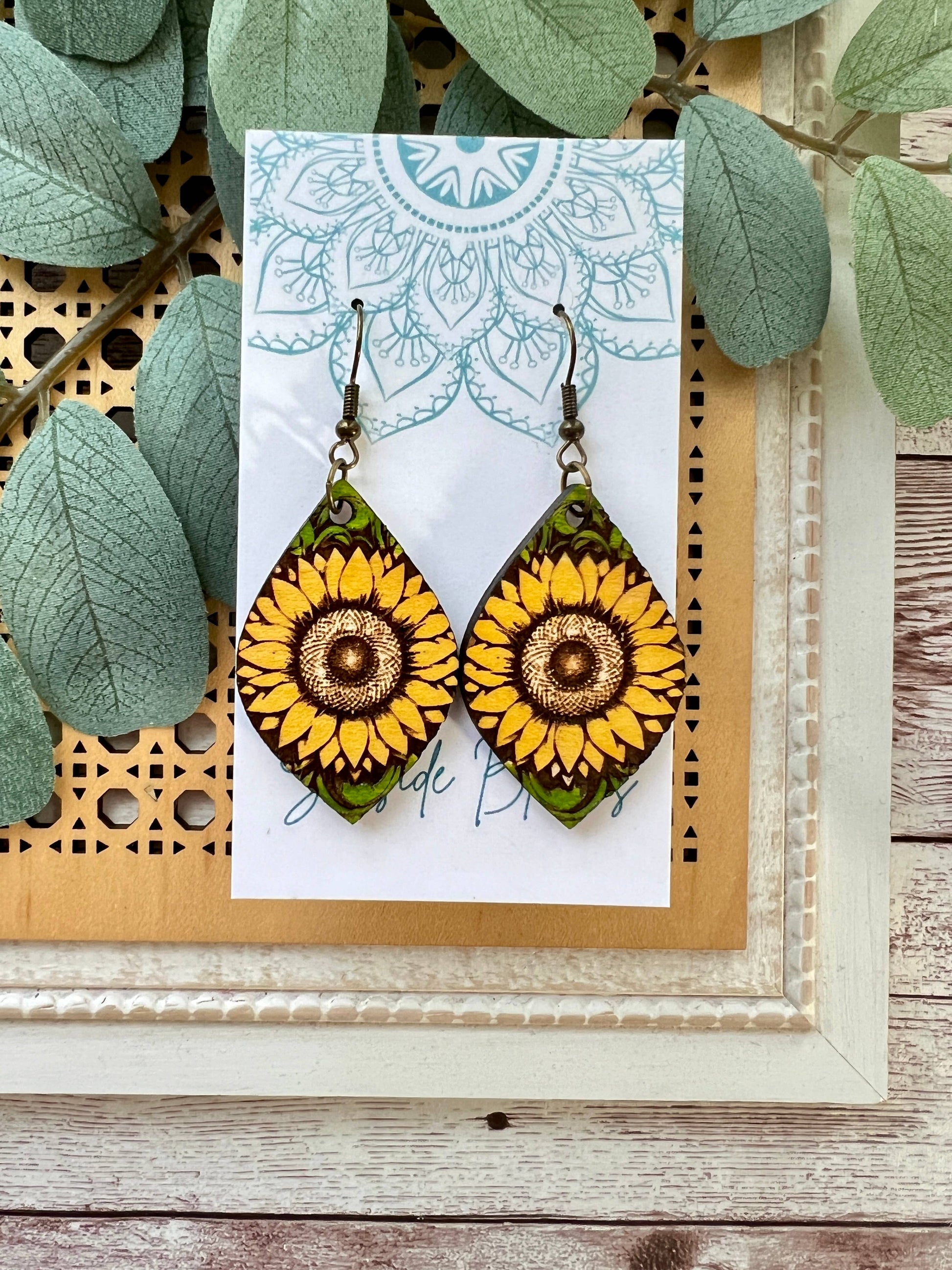 Boho sunflower hand painted light weight maple wood earrings
