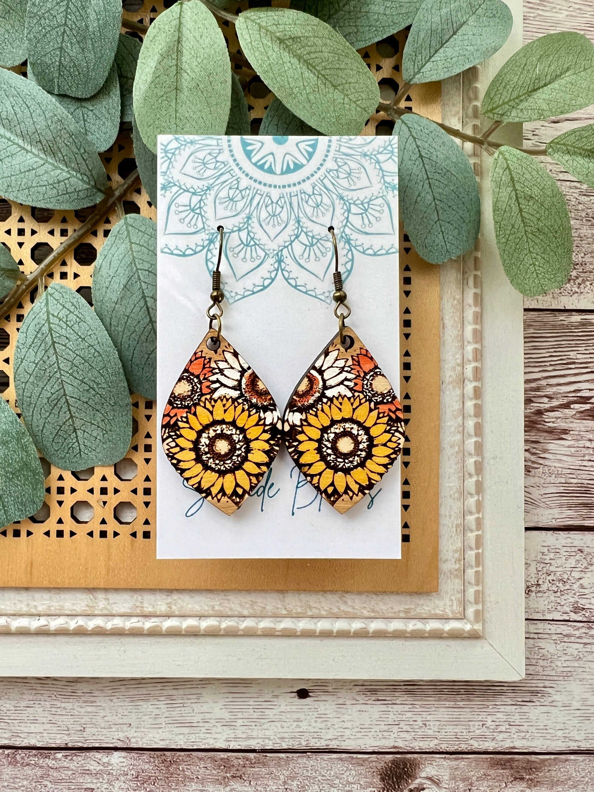 Boho sunflower hand painted light weight maple wood earrings
