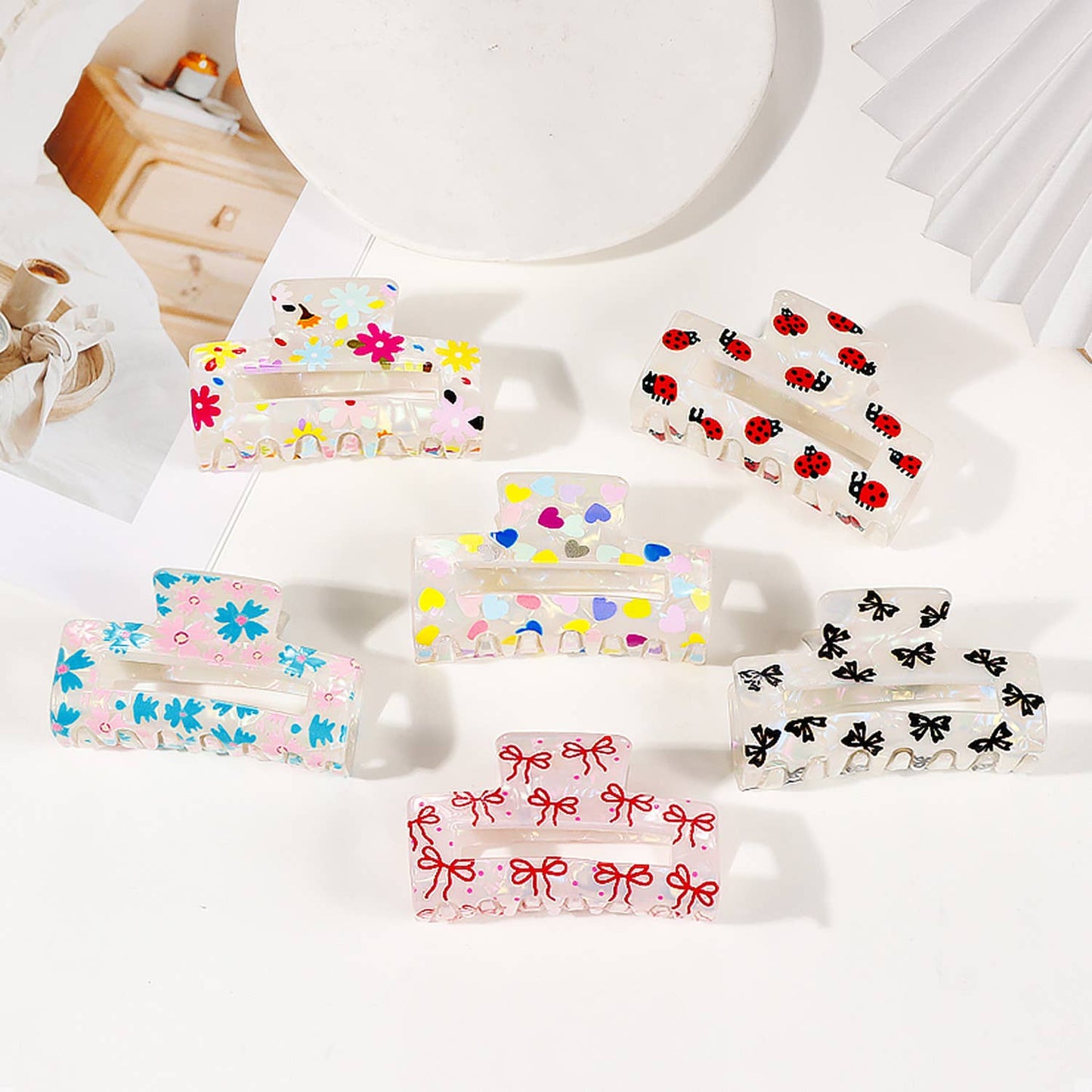 Colorful Flower/Heart& Bow Print Hair Claw Clips