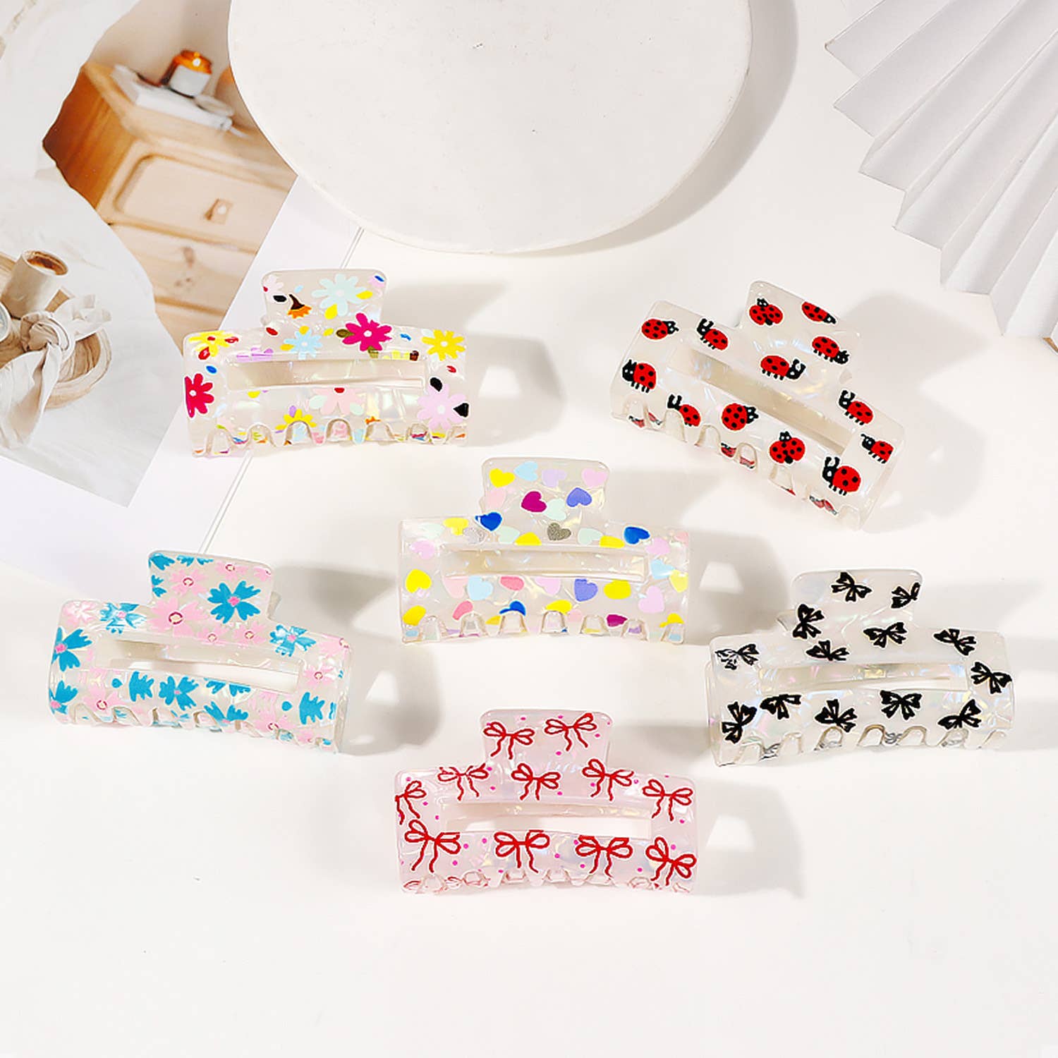 Colorful Flower/Heart& Bow Print Hair Claw Clips