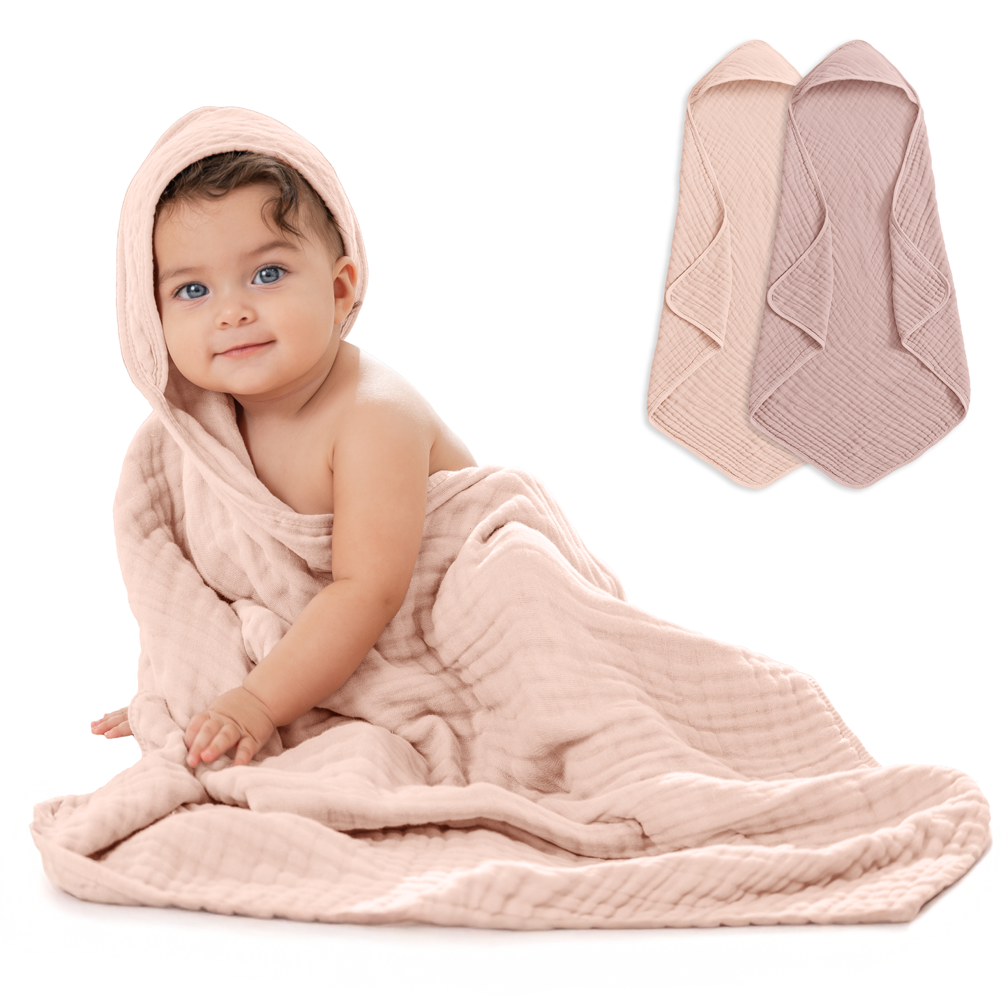 Hooded Baby Towel, 6 Layer 100% Muslin Cotton by Comfy Cubs Pack of 2 Mauve and Blush