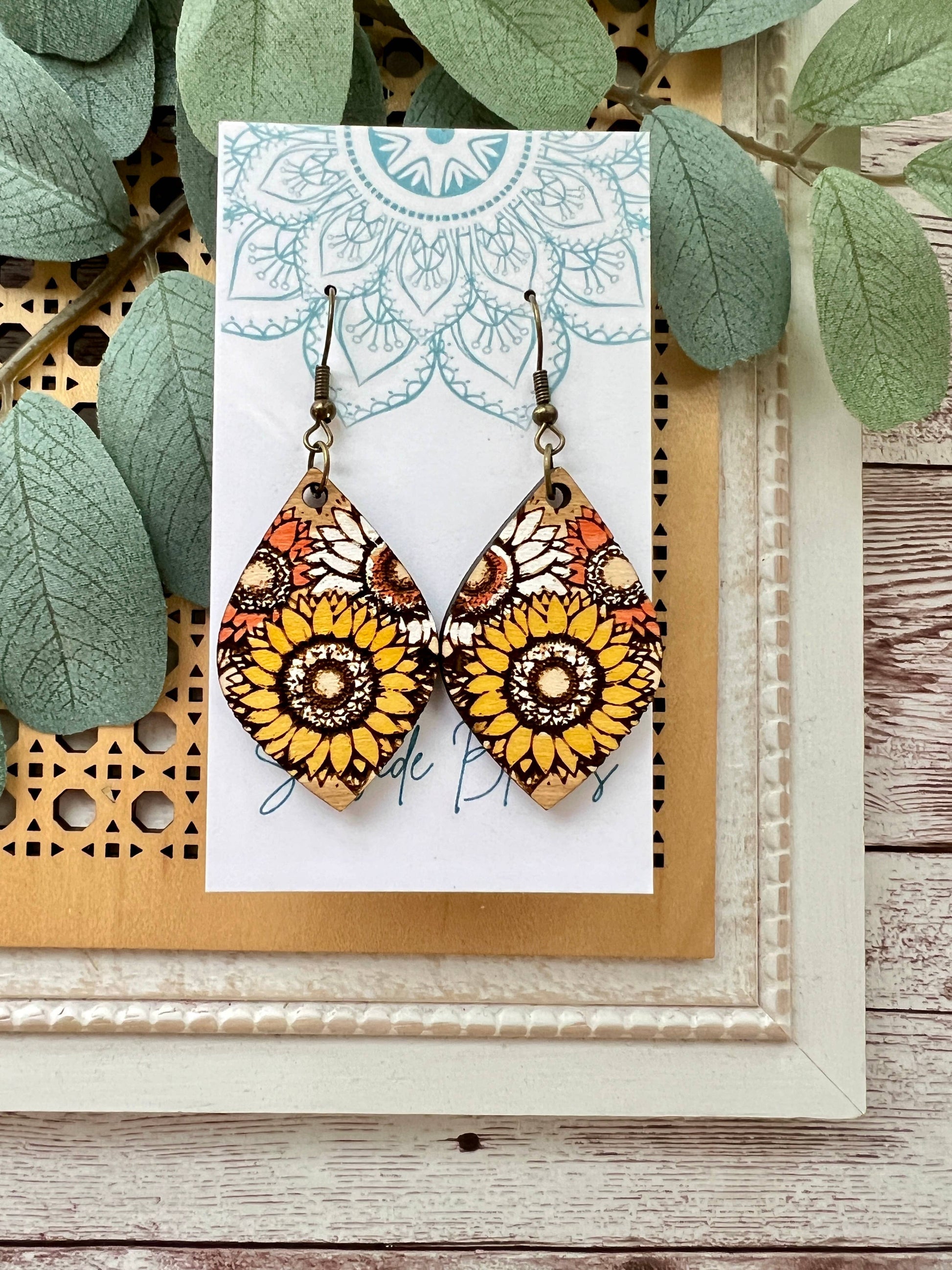 Boho sunflower hand painted light weight maple wood earrings