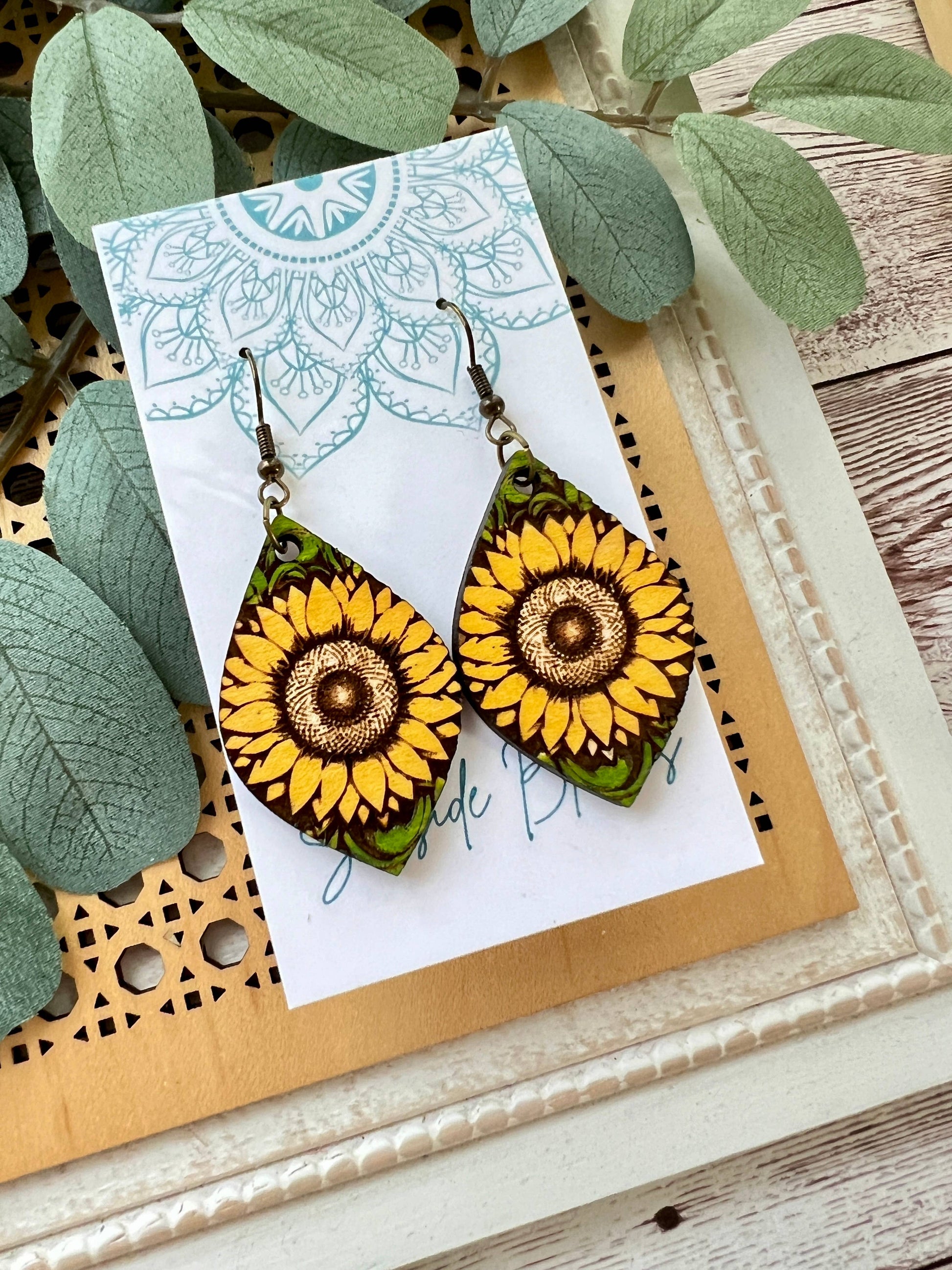Boho sunflower hand painted light weight maple wood earrings