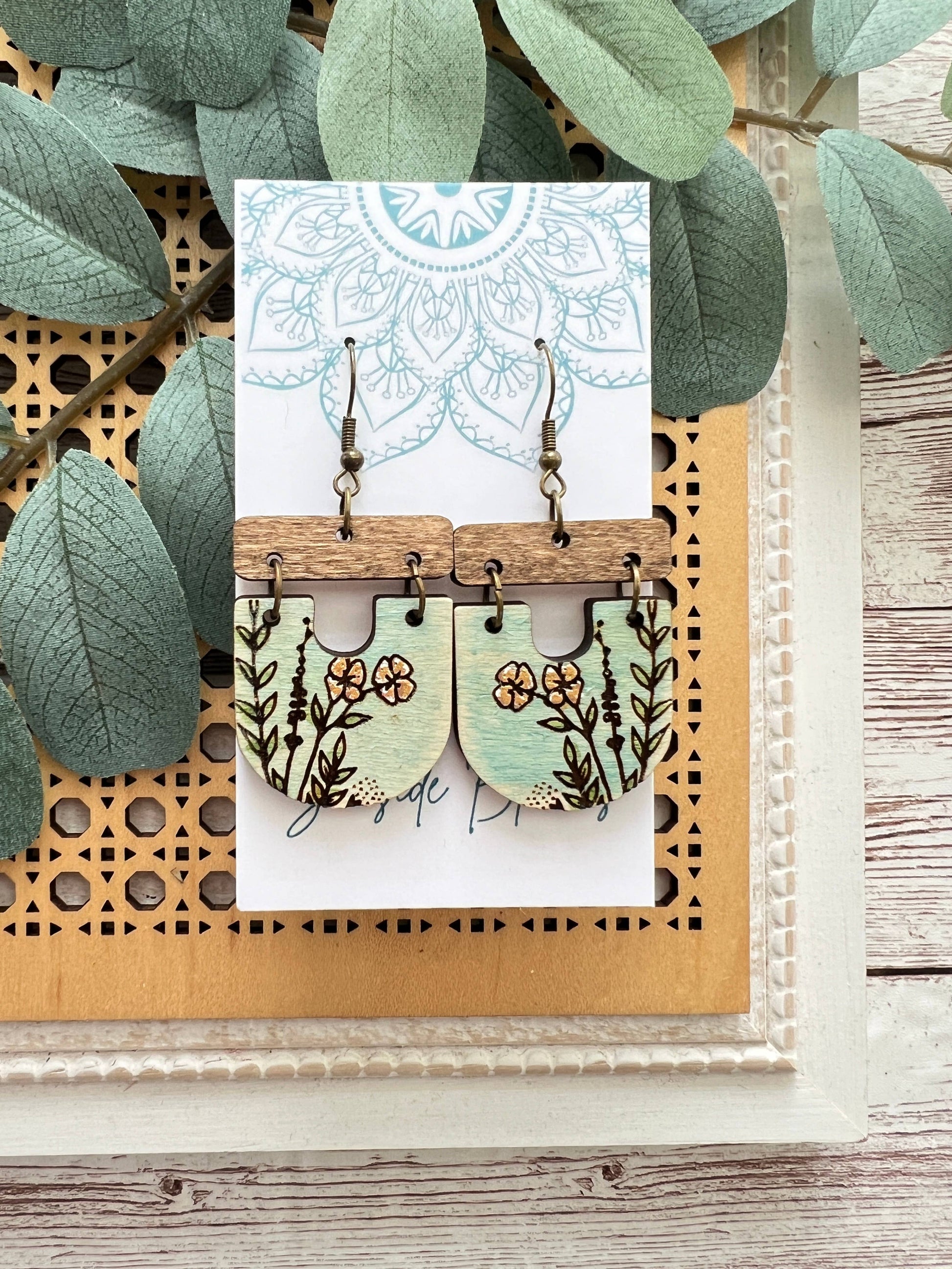 Boho hand painted lightweight flower maple wood earrings Jewelry