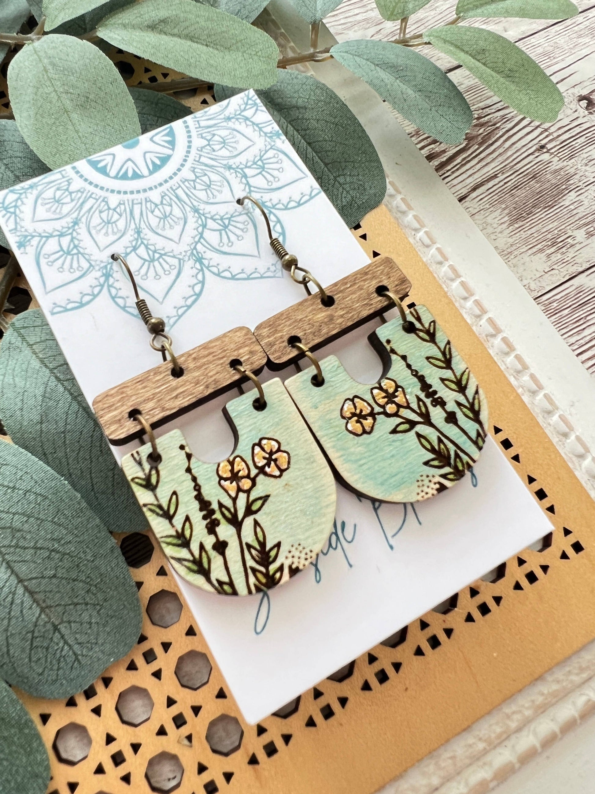 Boho hand painted lightweight flower maple wood earrings Jewelry