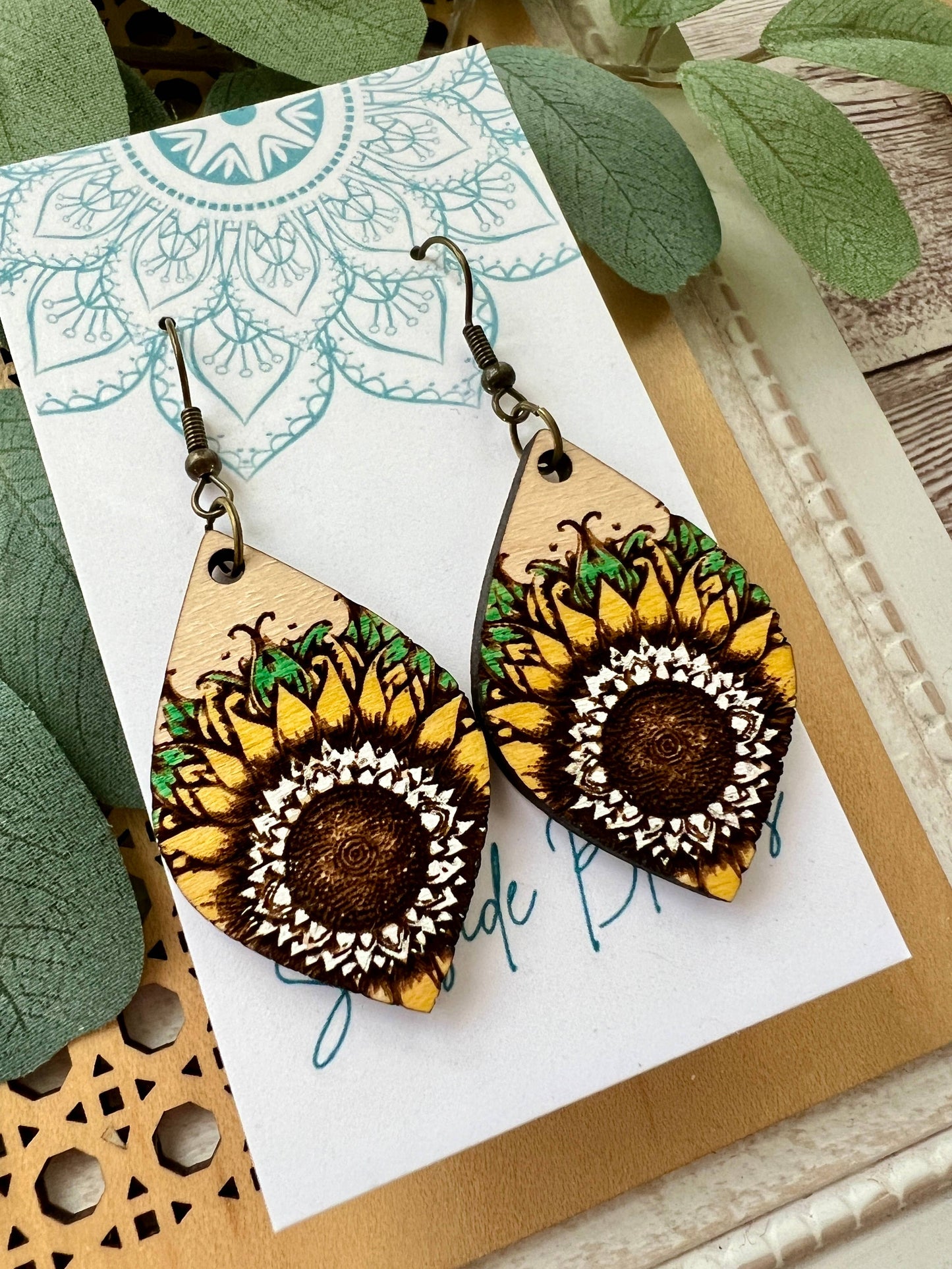 Boho sunflower hand painted light weight maple wood earrings