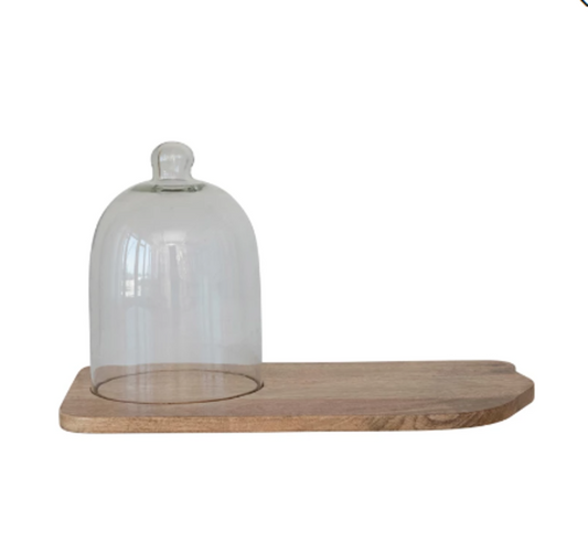 Mango Wood Tray w/ Glass Cloche, Set of 2