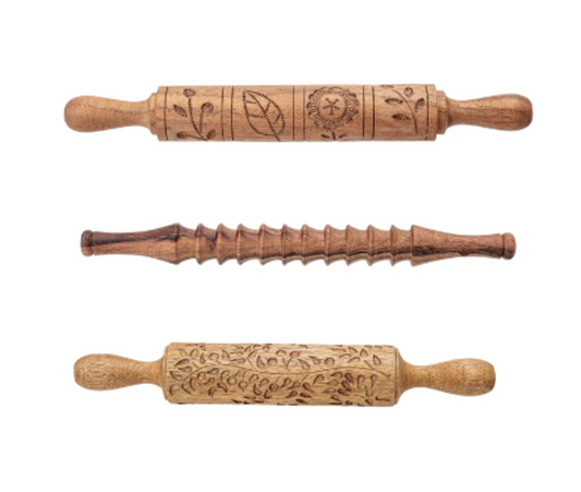15"L Hand-Carved Acacia Wood Rolling Pin, Natural